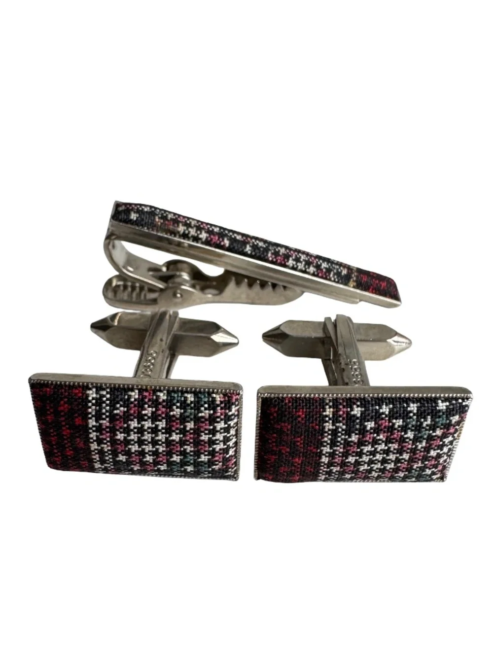 Vintage American Flag Cufflinks & Tie Clip Set Fabric Silver Tone Patriotic USA